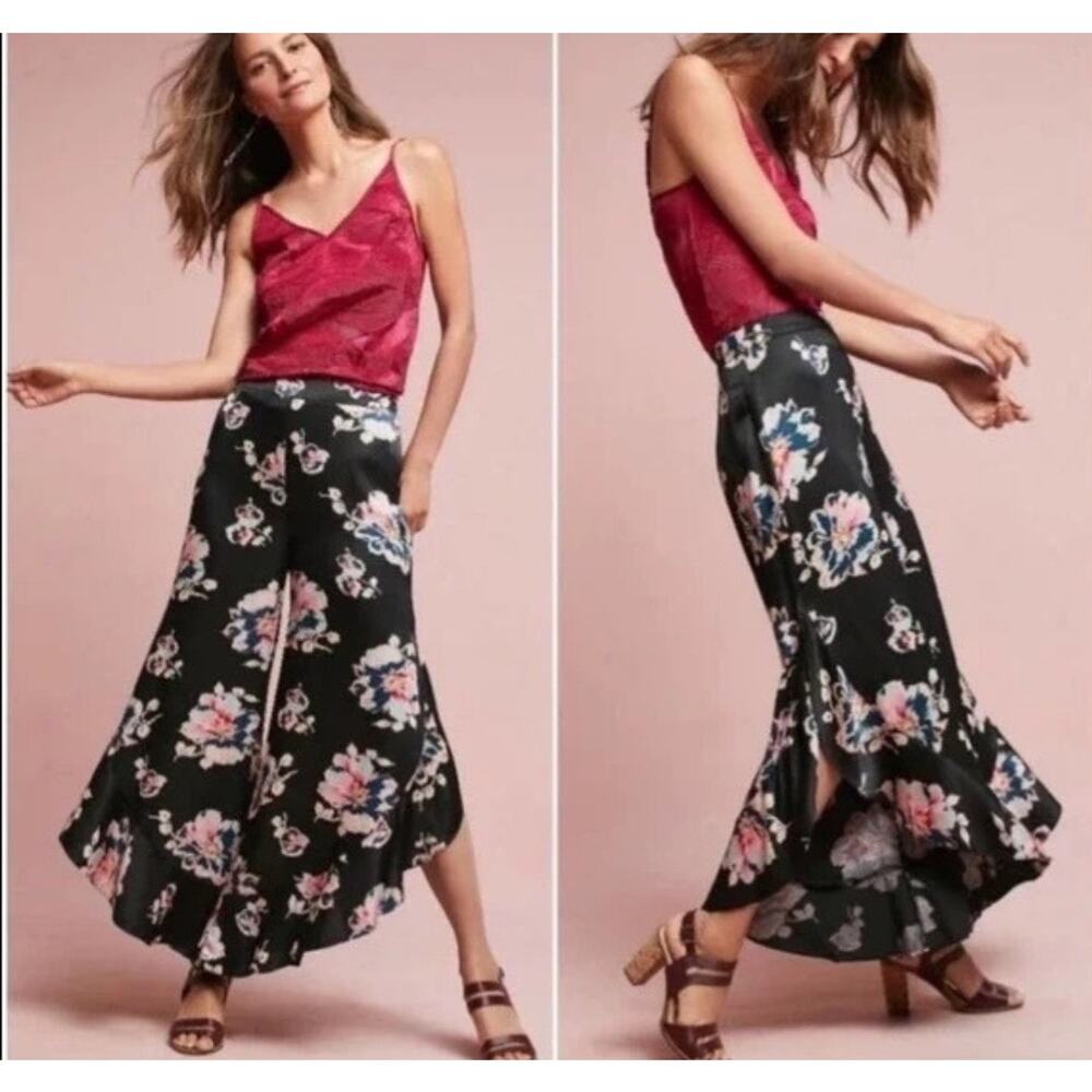 Anthropologie Elevenses Viscose Black Floral Pants Size 6